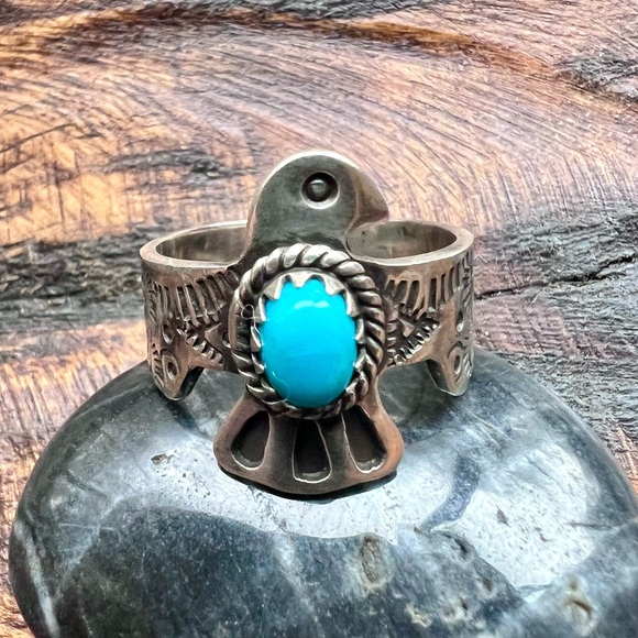 925 Sterling Silver Turquoise Thunderbird Ring Size 9+ Southwestern